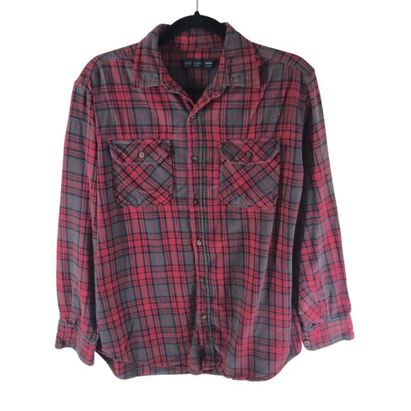Faded Glory Mens Flannel Shirt Button Down Chest Pockets Cotton Plaid Red Gray M - Picture 1 of 3